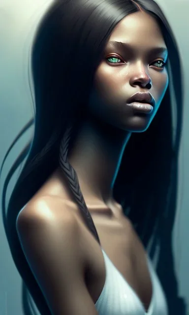 black girl, cute, beautiful, long hair, head and shoulders portrait by Greg Rutkowski