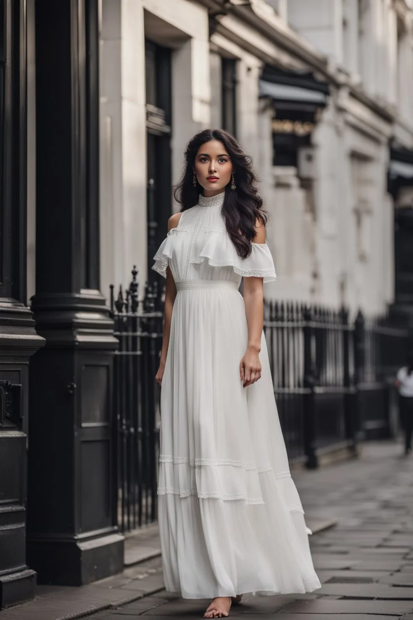 full body standing of a beautiful woman in her 18s, brunette (a Greek goddess), a little chubby, frontal face, shy smile, black wavy hair, wearing a white dress (with a high collar) from the 19th century, on the street of London in the 19th century , morning, cinematic, hd, 8k, sharp focus