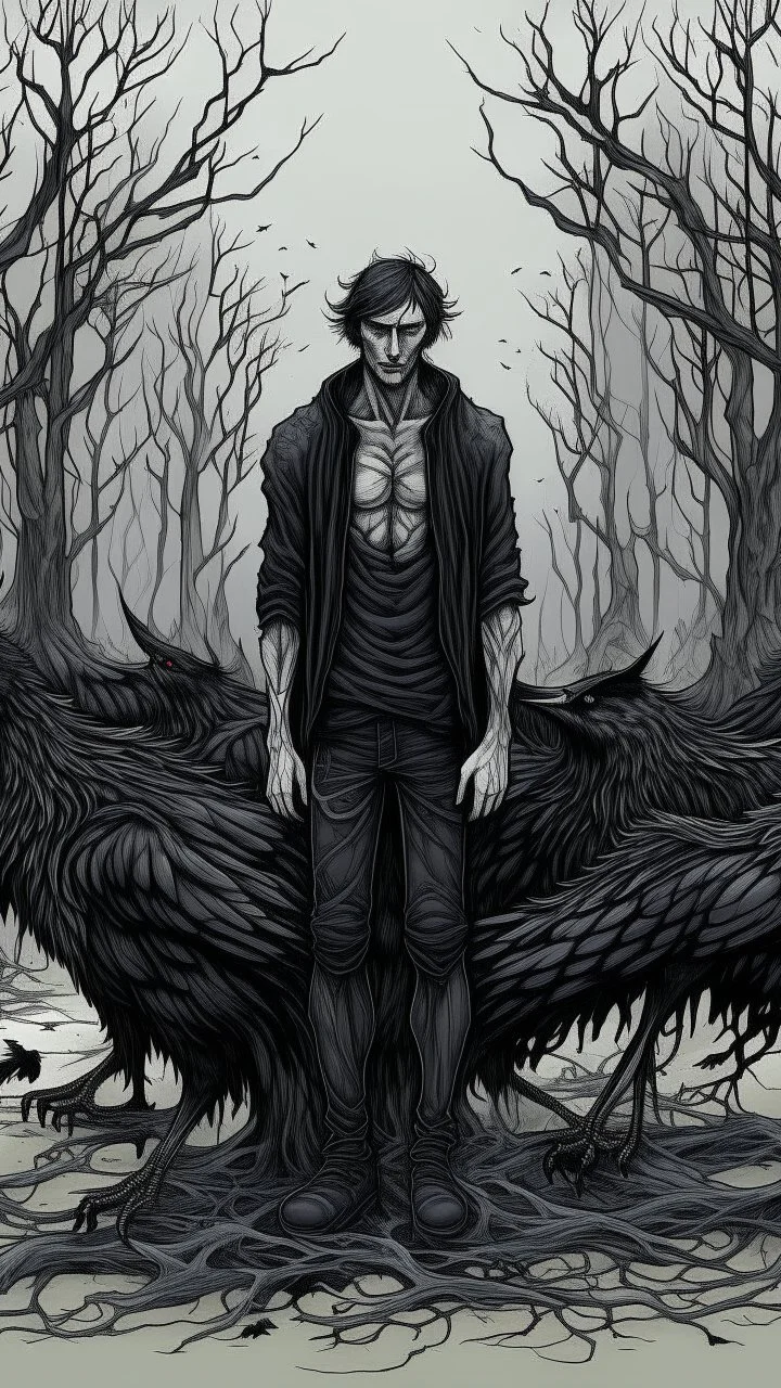 black vein, human veins, mixing together a lot of them, like a forest, big and small veins a lot of them, a crow standing a wolf