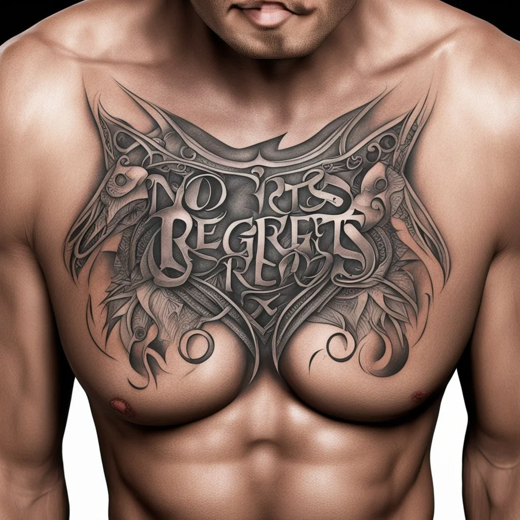 Bad tattoo, chest tribal tattoo reading "NO REGERTS", text, photorealistic, by Ben Goossens