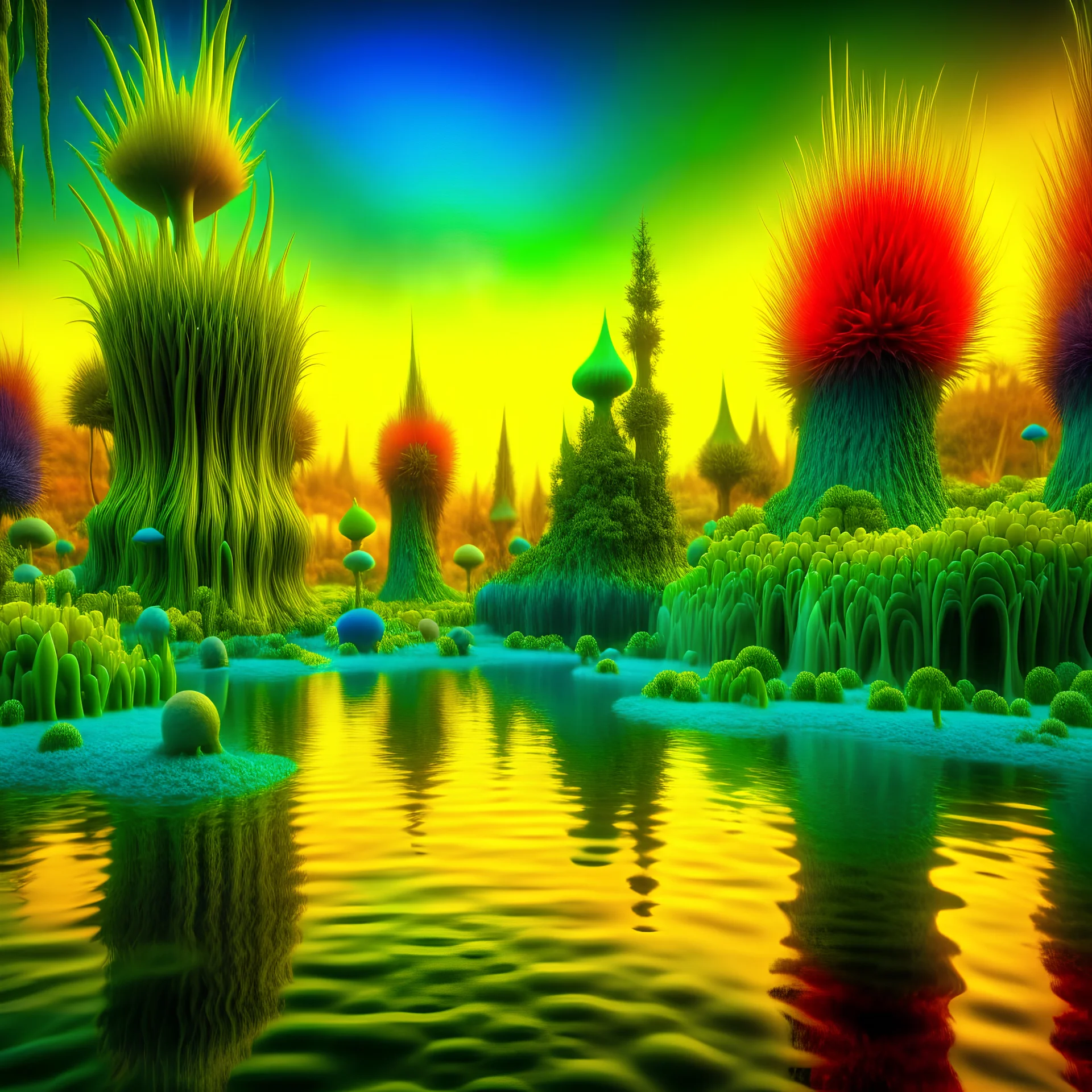 Odd swamp landscape with odd beings, surreal, abstract, Max Ernst style, 120mm photography, sharp focus, 8k, 3d, very detailed, volumetric light, grim, fine art, very colorful, ornate, F/2.8, insanely detailed and intricate, hypermaximalist