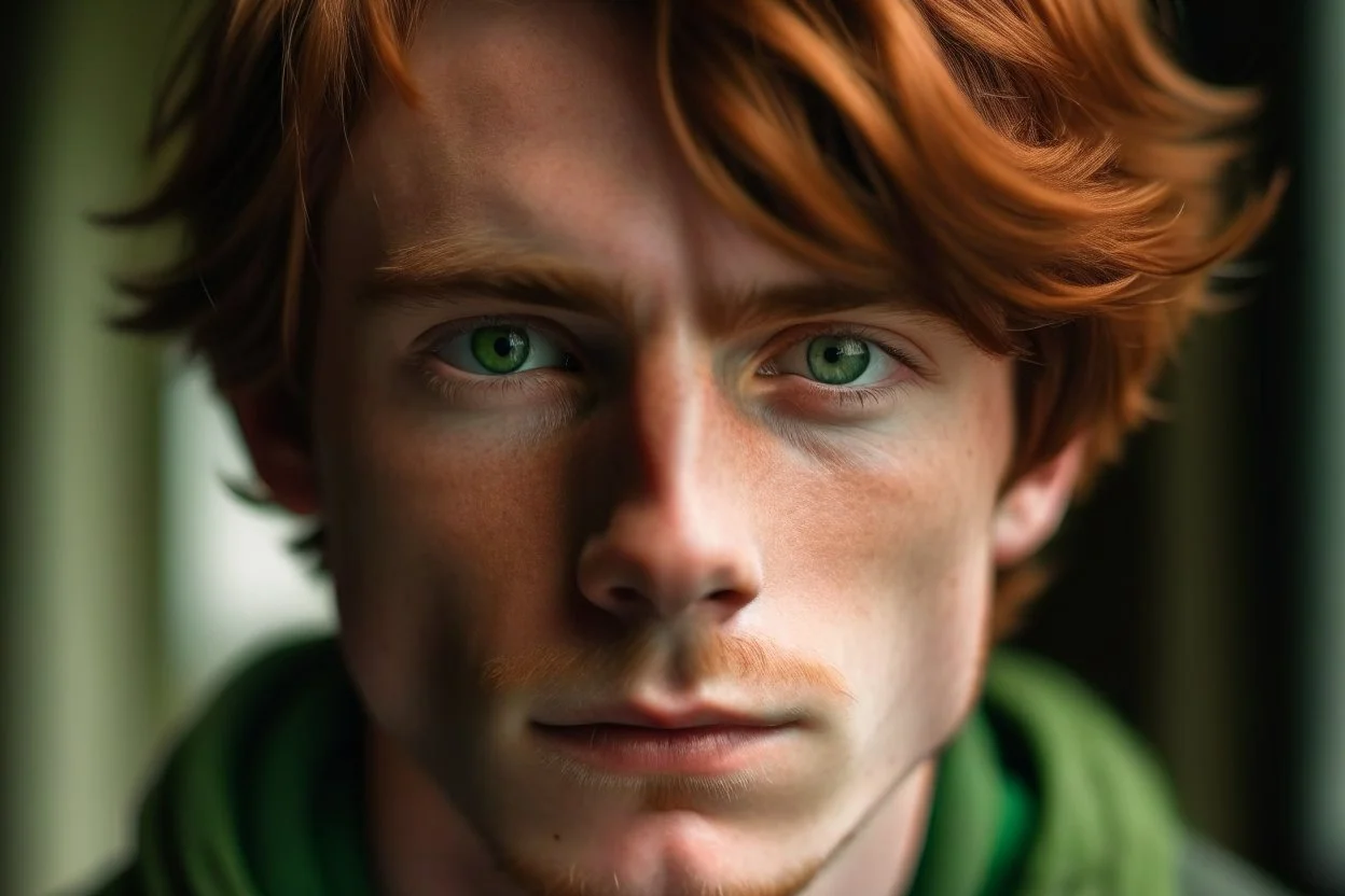 Young man with messy auburn hair and green eyes