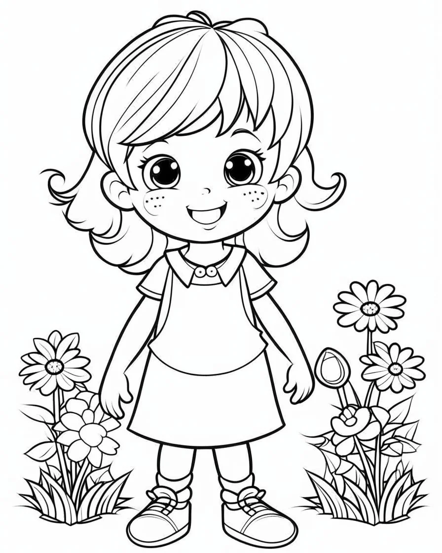 real cartoon coloring pages , no black color, no no flower, b/w outline art for kids coloring book page, Kids coloring pages, full white, kids style, white background, whole body, Sketch style, full body (((((white background))))), only use the outline., cartoon style, line art, coloring book, clean line art, white background, Sketch style