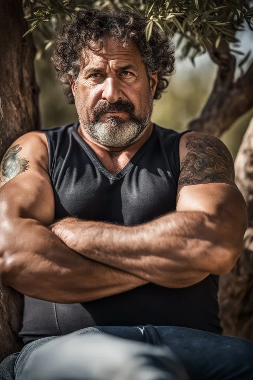 close up photography of a turkish ugly dirty burly muscular chubby farmer 47 years old, bullneck, shirtless, strong arms, big belly, manly chest, very sweat, short beard, tattoo, curly hair , short bulging pants, open legs sitting on a chair under an olive tree , sunlight, big tights, barefoot, ambient occlusion, hyper detailed photography, photorealistic, 35mm lens, side light, frontal view from below, natural colors