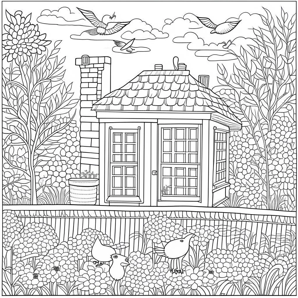 GARDEN HOUSE, "Mystical Mornings: Bring the magic of early mornings to life.", full view, realistic, coloring page, only draw lines, coloring book, clean line art, wildlife-inspired, kid style, –no sketch, color, –ar 3:4, white background, minimalistic black lines, 8k, minimal black color, low level black colors, coloring page, use pure black and white colors, avoid thick black colors, thin black line art, avoid colors, perfect shape, perfect clear lines, clear edges,