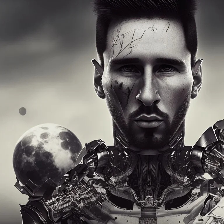 lionel messi perfect face and portrait post-apocalypse perfect cyborgs in a footbal stadium, sci-fi fantasy style, 8k,dark