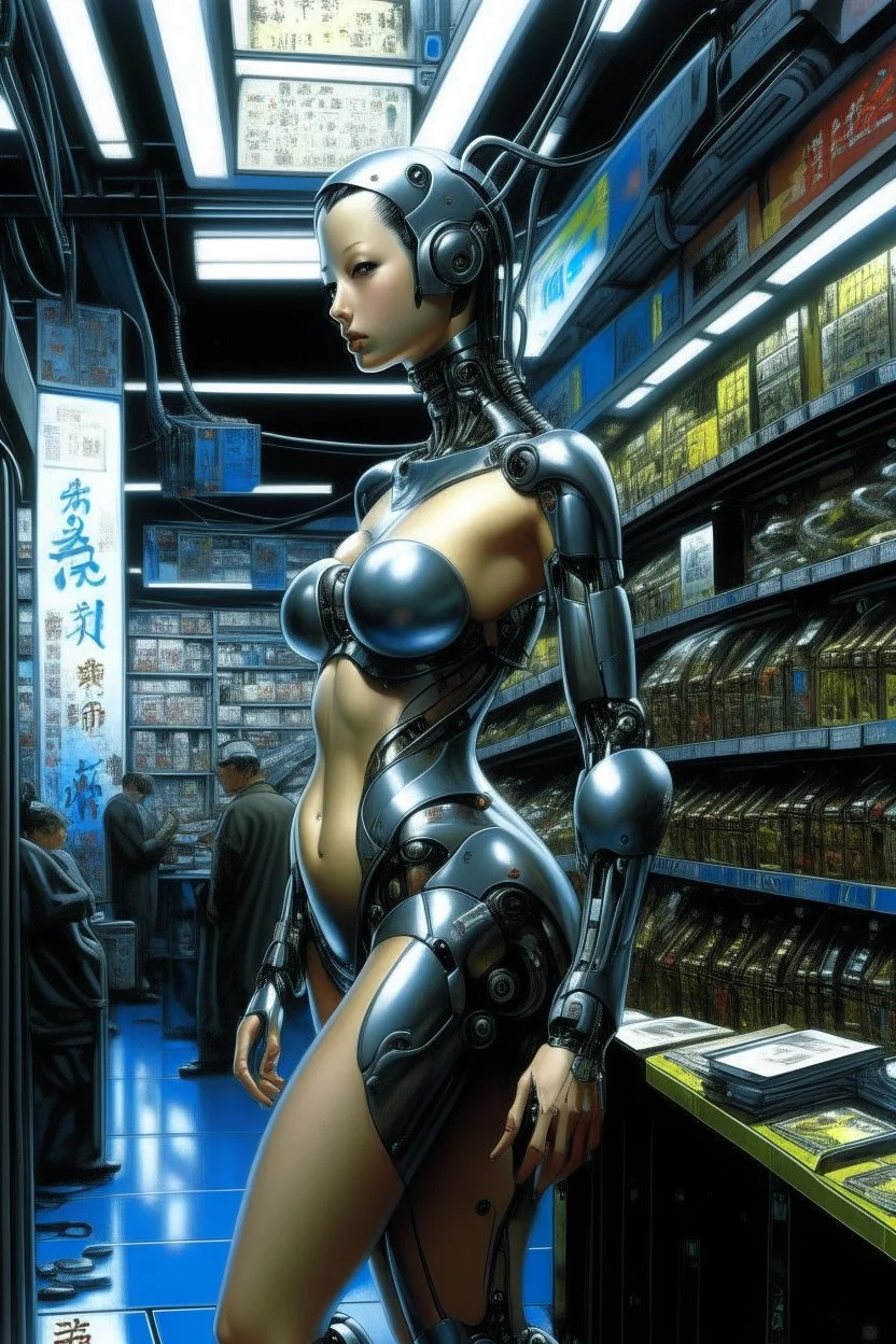 A digital photography by Hajime Sorayama of a beautiful gynoid standing in a cyberpunk shopping.