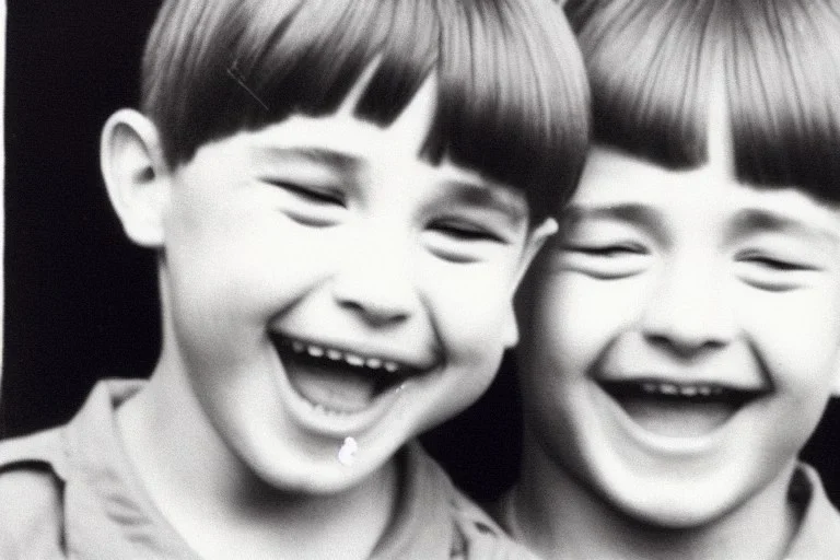 Photo of a bUck-toothed boy with a Huge grin and Bowlcut, closed eyes