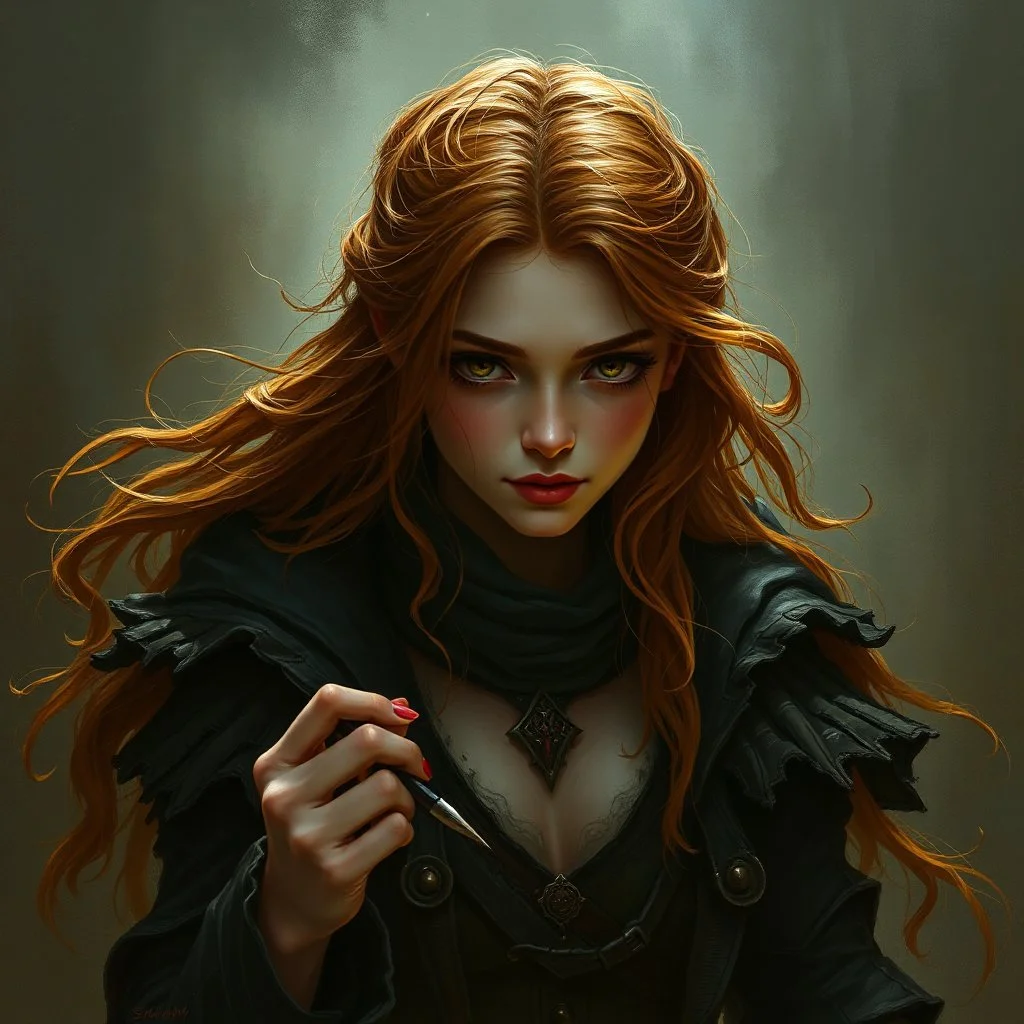 a pretty fantasy woman, loose ginger hair, young, plotting, dark fantasy art