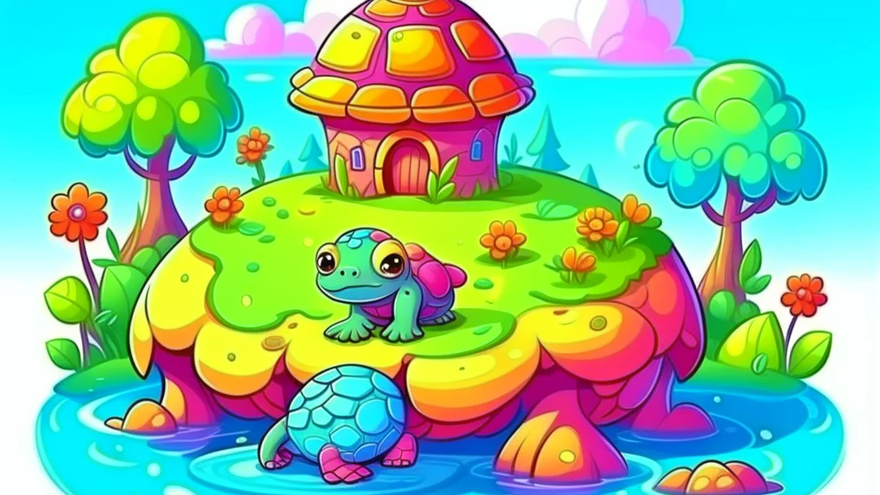 Fantasy cartoon illustration: Near a pond there is a cute colorful turtle's house.