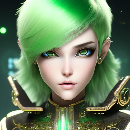 Cyborg anime warrior, light green hair, pixie hairstyle, cobalt eyes, waist up portrait, 8k resolution, intricate details, ornate details, soft lighting, vibrant colors, retroanime, masterpiece, intricate eyeliner, dark eyeshadow, eyes, intricate tattoos, futuristic cityscape background