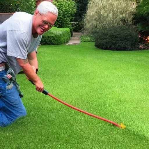 Halsey mowing a lawn