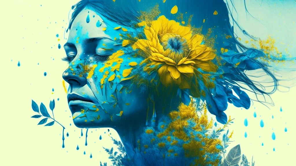 blue background, 18th century, double exposure, portrait Woman 43 years old, wind, flowers, tears, plants, yellow, blue, green, orange colors, bright, drops, detailed, fine drawing, high detail, high resolution, 8K, tattoo, city, double exposure,