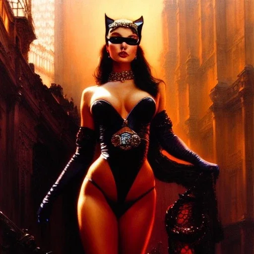 Drawing of beautiful face,'beautiful booty,Busty CAtWoman',intense stare, ancient skintight armor, balanciaga fashion clothe painting by gaston bussiere, greg rutkowski, yoji shinkawa, yoshitaka amano, tsutomu nihei, donato giancola, tim hildebrandt, Oil on canvas, cinematic composition, extreme detail,fit full head inside picture,16k