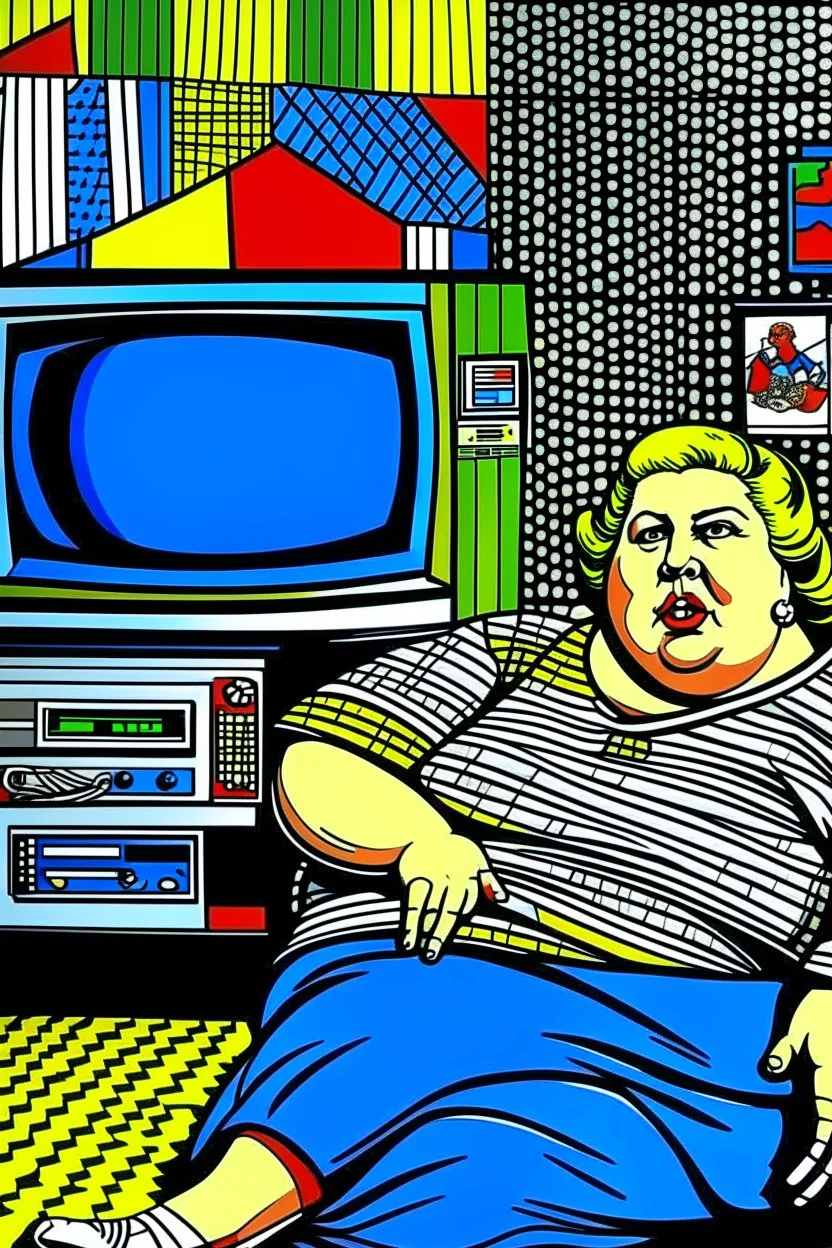 fat woman sitting on sofalistening to radio watching tv news in a room with signs of propaganda in the style of roy lichtenstein