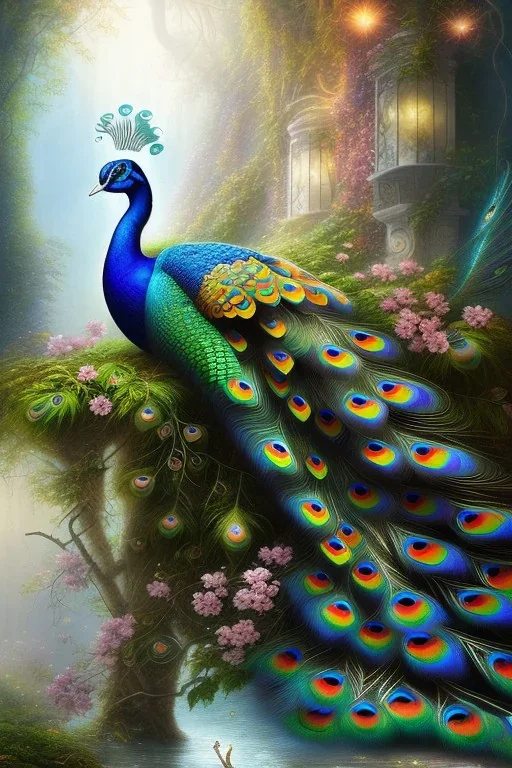 beautiful peacock, jungle, mystical, dreamlike, romanticism, fine detail, high quality, raining, rain droplets, beautiful colors,