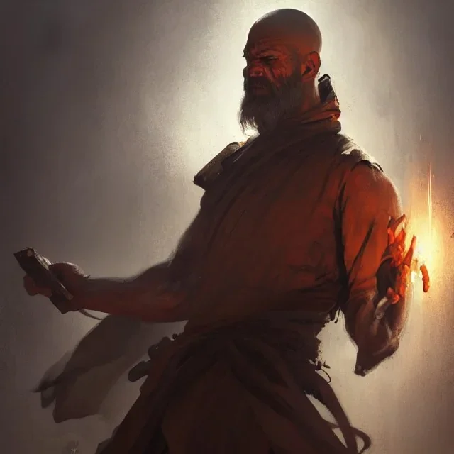 Portrait of a monk, grimdark, Frank Frazetta, Greg Rutkowski, hyperdetailed, dnd, trending on Artstation, Splash screen art, dynamic lighting, hyperdetailed, intricately detailed, a masterpiece, 8k resolution