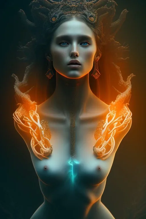 portrait photography of an ethereal beautiful animal goddess, Fire theme art, Dark moody night atmosphere, Portrait of a woman by Michelangelo, 8K, close-up face, anatomically perfect face, oak tree roots, ignore NSFW