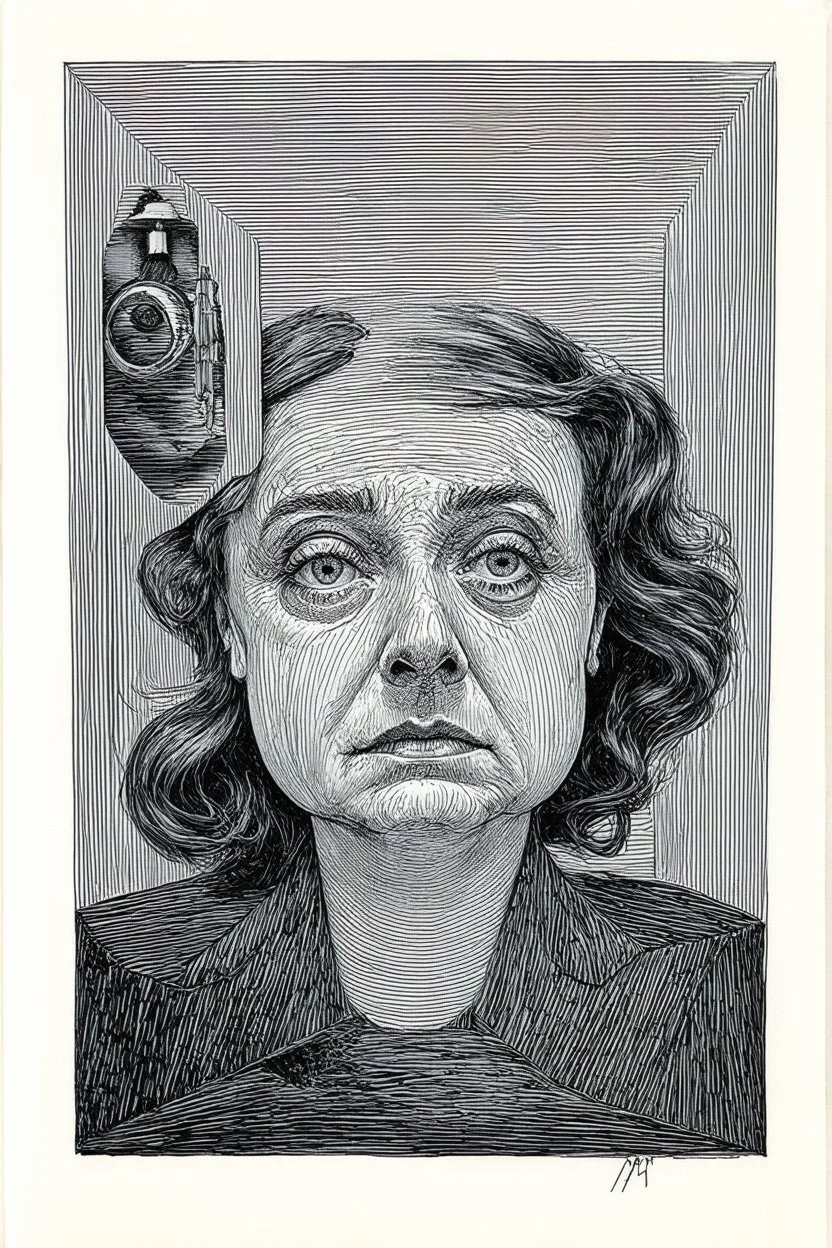 Chaotic attachment; warped optical art drawn in graphite with painted surreal elements in the style of Magritte