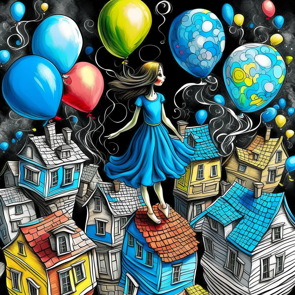 A girl in a blue dress standing tippy toe on the roof of building in chalk-drawn cityscape on a black board, holding a bunch of colorful primary colored balloons.She is standing on the roof of one of the houses, She appears carefree, soaring amidst the whimsical, artistic backdrop of houses.