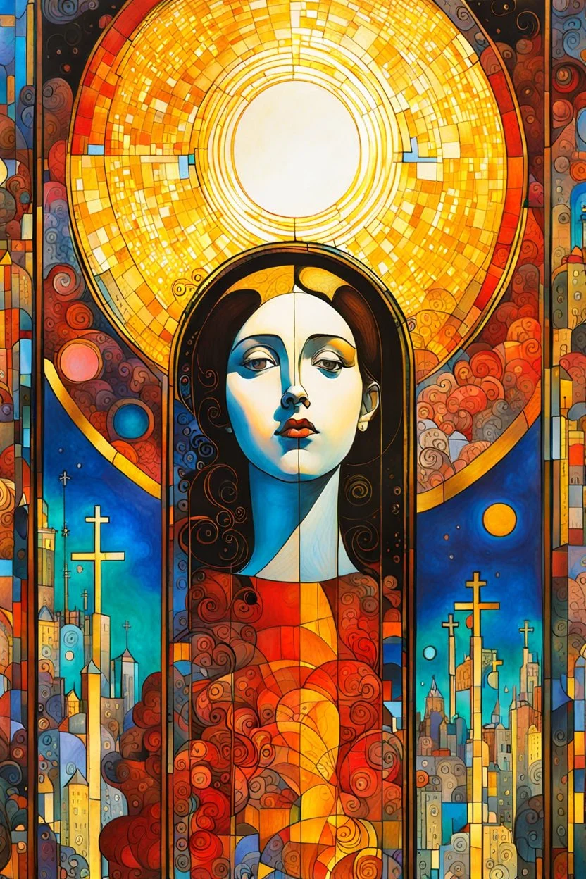 Create chaotic abstract cubist religious triptych depicting martyred Saint Justina of Padua, with highly detailed facial features, in the style of Bill Sienkiewicz, Philippe Druillet, Gustav Klimt, and Jean Giraud Moebius, precisely drawn, colored and inked