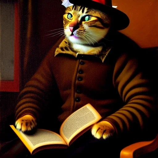 oil portrait of a cat with hat reading a book in a living room with fireplace and smoking a pipe by Diego Velázquez 8k