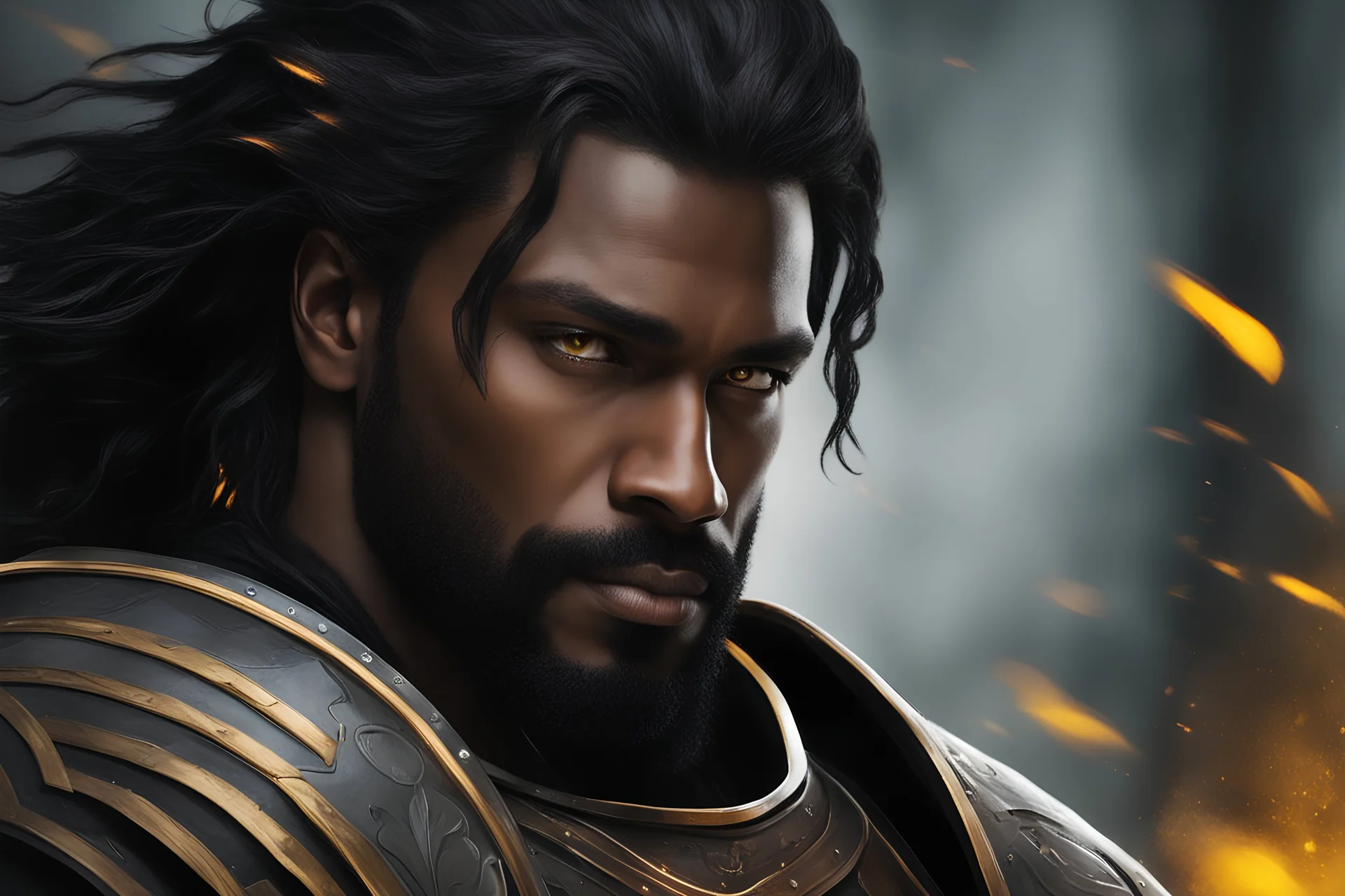 portrait of a handsome 35 year old warrior, black skin, looking like kahl drogo, long dark hair in a queue, powerful, in armor, red, yellow eyes