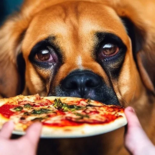 A dog eating pizza