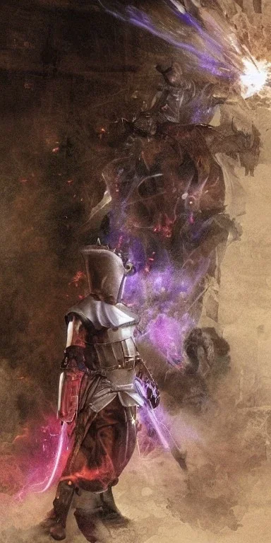 medieval Knight, violet color, sorcery, sparks, plasma, weapons, confident, proud, mist, high quality, hyper realistic