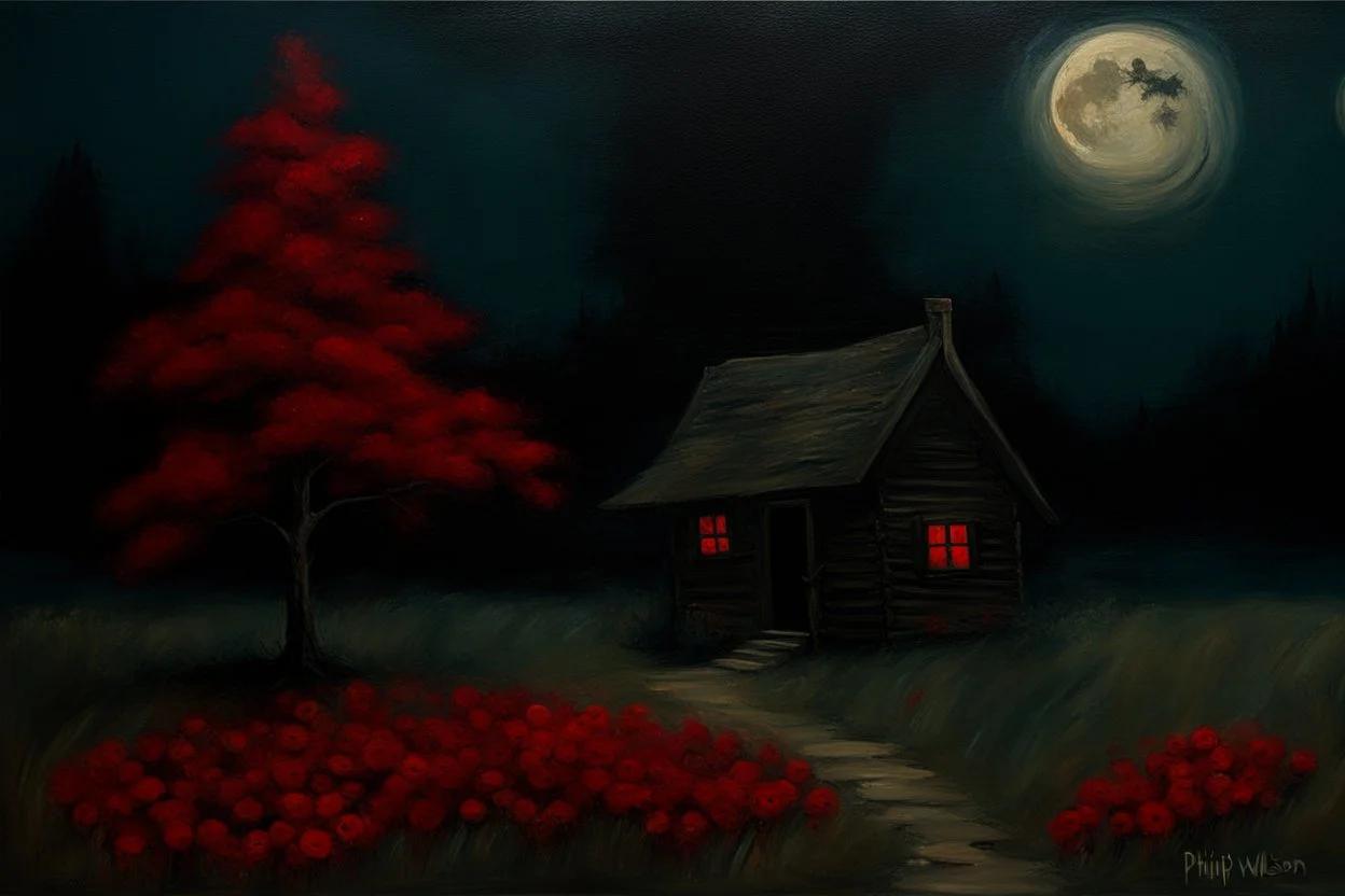 Creepy trees, creepy night, moon, cabin, red flowers, horror, philip wilson steer impresionism painting