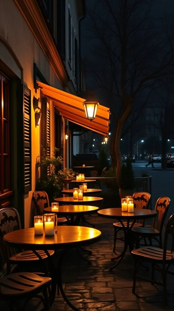 Cafe table outside with at night with candles lights on the tables in the style of vincent van Gogh, without people and animals only one man cleaning up