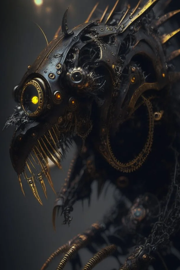 Mechanism creature,hyperrealism, masterpiece, expert, 8K, dramatic lighting, sharp focus, dark, black, steampunk