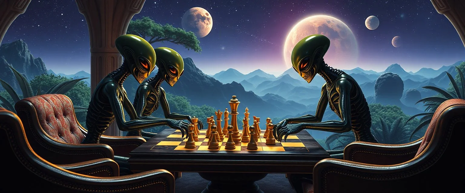 alien chess masters playing serious chess in lounge on beautiful lush planet