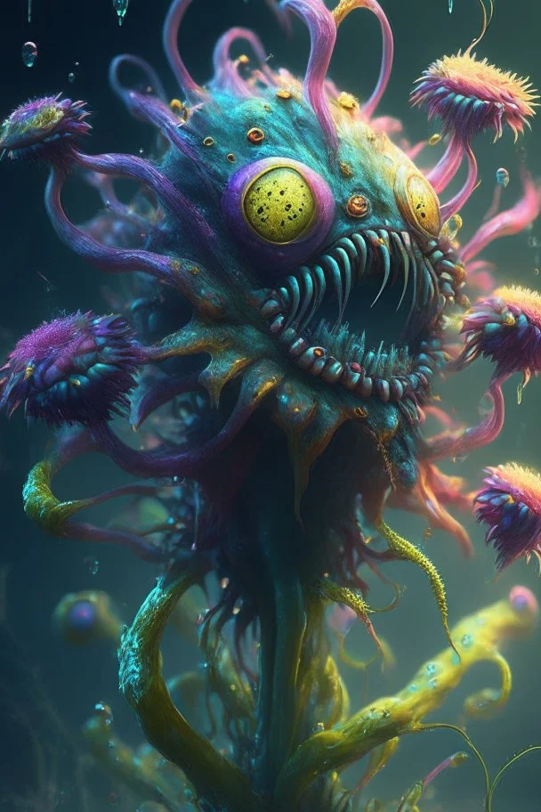 Slimy clown flower creature alien,FHD, detailed matte painting, deep color, fantastical, intricate detail, splash screen, complementary colors, fantasy concept art, 32k resolution trending on Artstation Unreal Engine 5