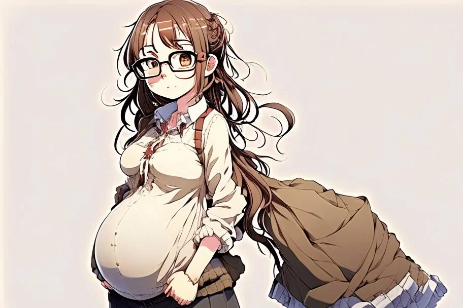 full body of a brown haired anime manga pregnant girl with eyeglasses