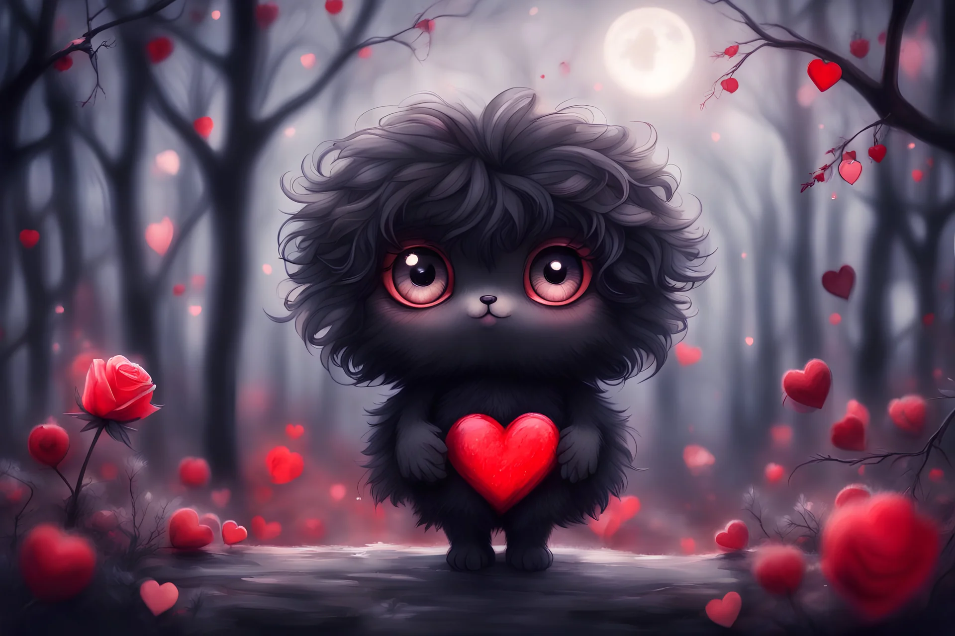 Cute chibi black fluffy pompom with cute big eyes, watercolor and black ink outlines, soft, shading strokes, holding red rose, evening forest, bushes, leafless branches with red heart shaped ornaments strung on them, in moonlight, ethereal, otherwordly, cinematic postprocessing, bokeh, dof