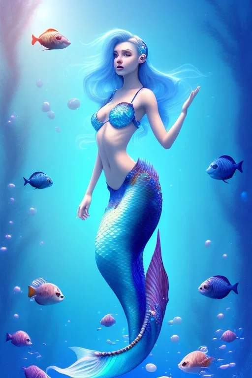 girl, cute, beautiful, mermaid tail, blue hair, underwater, glitter, perfect anatomy