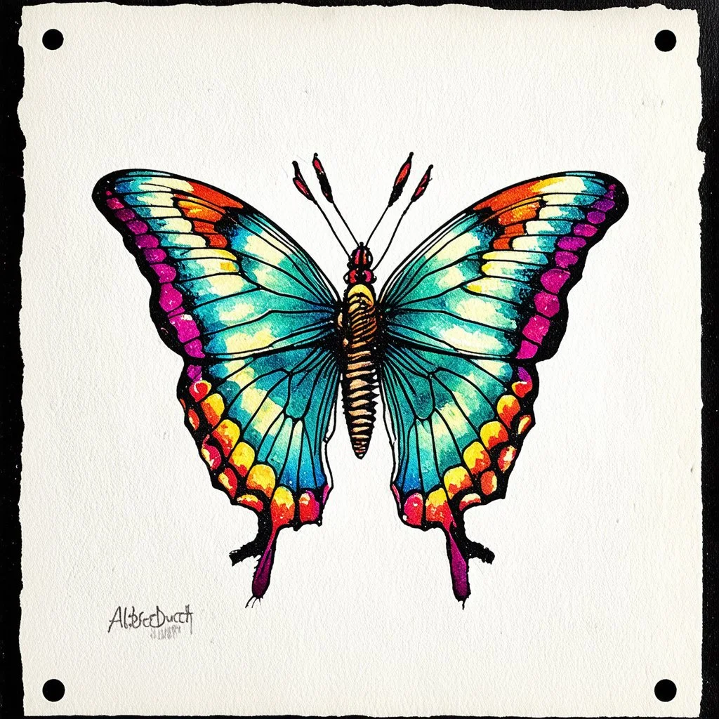 Dry needle technique printed on wet paper, on zinc plate depicts a stunning stylized butterfly style by Albrecht Dürer Modifiers: Color ink combines watercolor texture with pixel art’s crispness