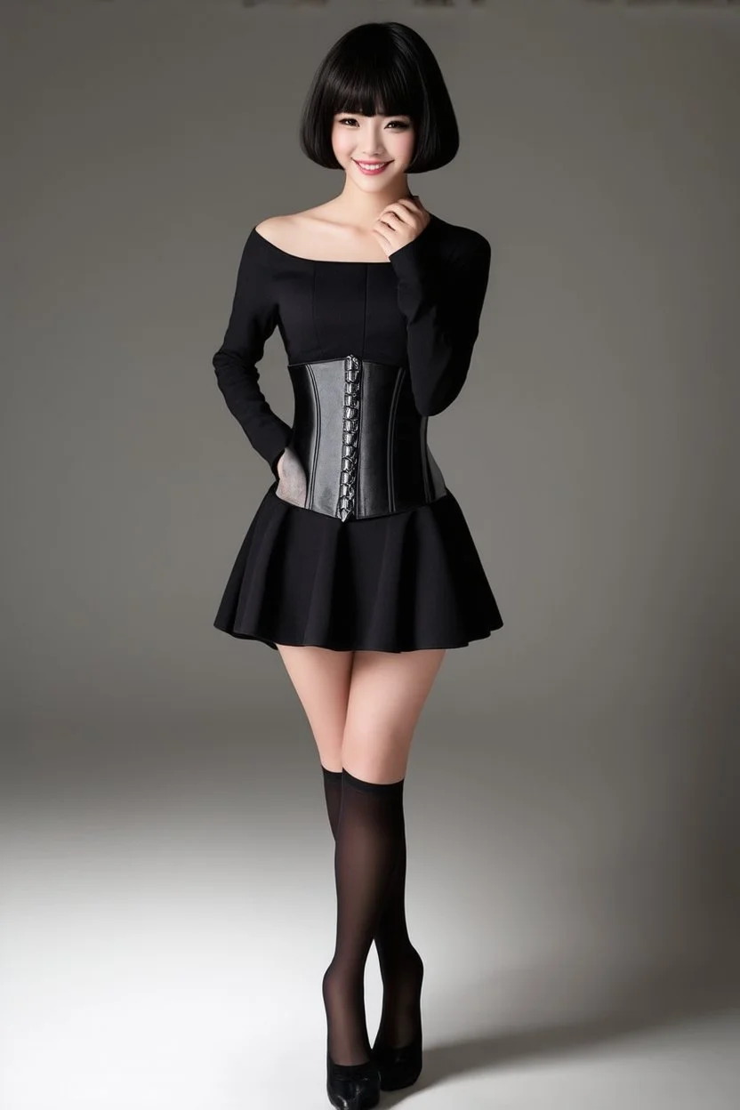 8k, masterpiece, top quality, full body shot, standing, short straight dark hair, bob, bangs, fair skin, subtle makeup, slender, short skirt, corset, stockings, soft lighting, diffused, smiling expression.