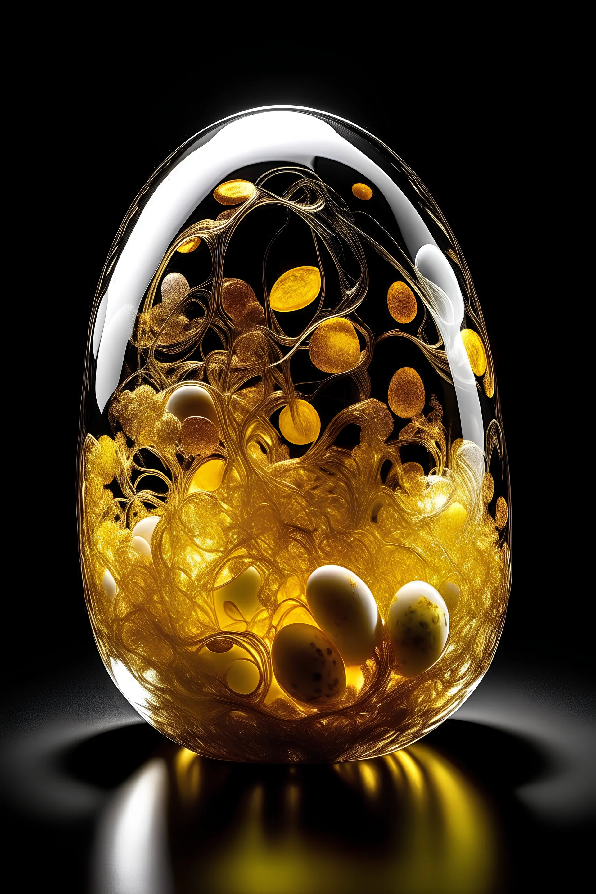 A human made out of translucent plastic or glass, encapsulating a dynamic arrangement of vibrant, golden egg yolks and the white substance of eggs within. This design should give the impression that the mans interior is filled with a swirling, fluid mixture of egg components, visible through the clear outer shell. The style should look like a perfect 3d Render, on black background. The rim light on the character makes is stand out from the background.