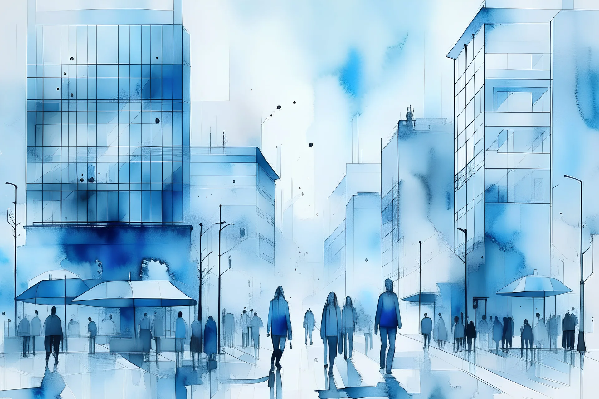 urban life and people art watercolor light soft monochromatic blue transparent