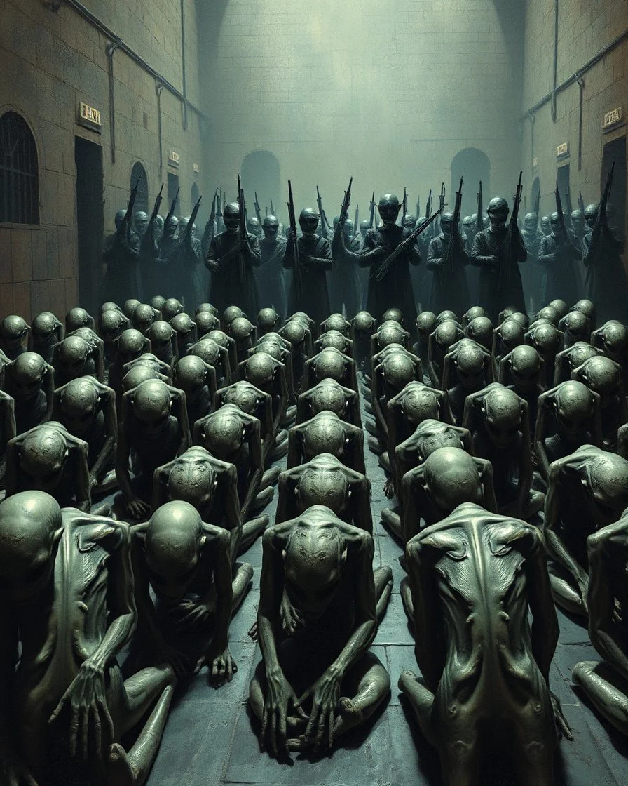 Bosch painting style ,nightmare, a lot of aliens prisoners sitting on the floor and bowing their heads down on the ground in rows with hands tight to the back and heads down in front of you with many arms guards with weapons in the background