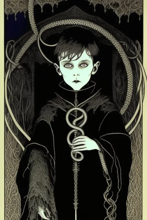 7 year old boy, necromancer, friendly, looks dead,with a lamprey serpent , wearing black robes, in the style of Harry Clarke
