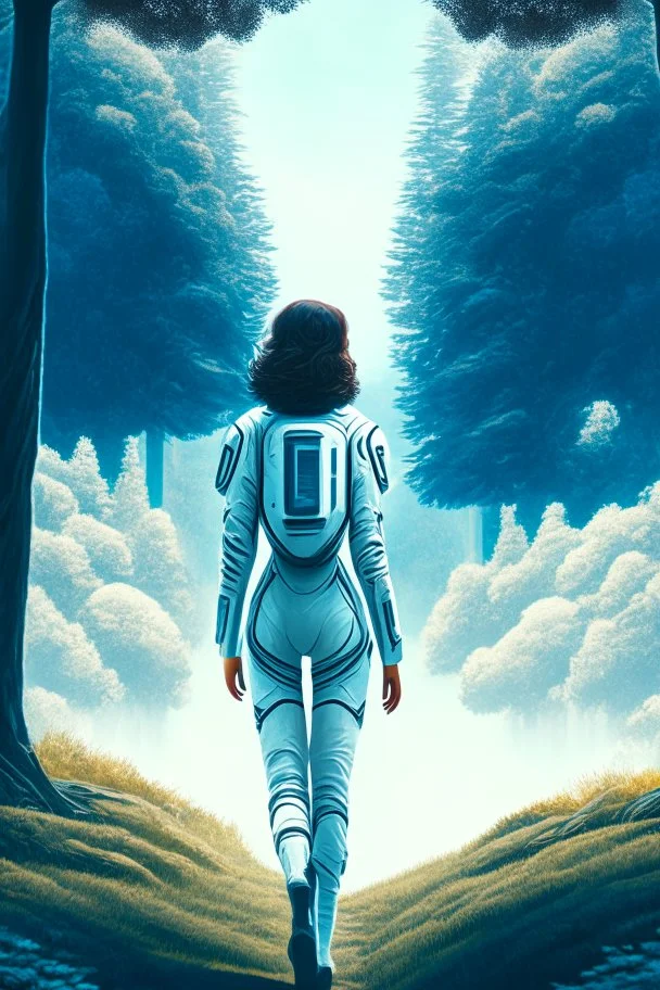 woman in a skin-tight silver spacesuit, facing away, standing under a spaceship, on a path, wooded landscape in the distance, blue sky