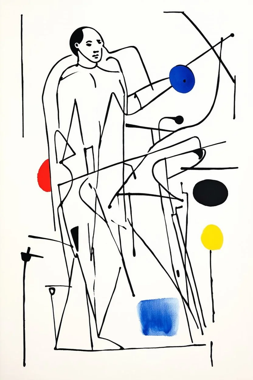 Reprezentare grafica moderna figurativa cu simboluri ,minimal art similar cu desenele lui Picasso , a unui desen facut de un autist , reprezentand statuia uncantaret la trompeta, în stilul combinat acuarelei umede a lui Joan Miro si cu filigran lineart minimal a lui Jean Cocteau cu Paleta de culori impresionista cu culori putine si tari. Fond alb si linii color subtiri si paralele, cu umbre de lumina cu hasuri incrucisate