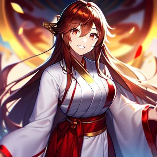 Clear focus,8k resolution, Red long hair, Vibrant gold eyes, smiling, Miko clothes, Holding sword