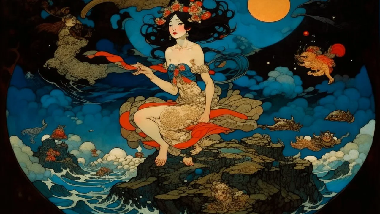 a painting of a woman flying in the sky, nuttavut baiphowongse, inspired by Edmund Dulac, portrait of circe, by Osamu Tezuka, personification of greed, in the center of the image, bottom of the sea, by John Byrne, from star wars (1977), artist rendition, ox, published art