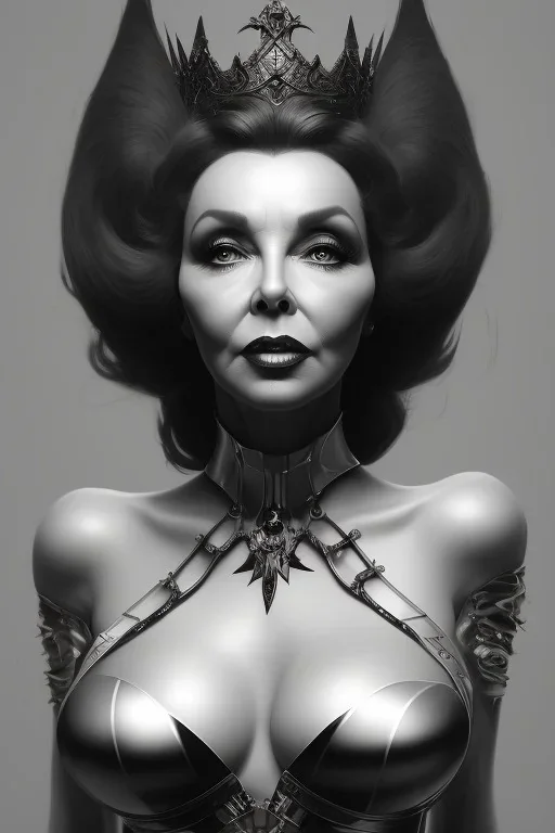 Joan Collins as evil queen in black leather, leather, busty, cleavage, angry, stern look. character design by cory loftis, fenghua zhong, ryohei hase, ismail inceoglu and ruan jia. unreal engine 5, artistic lighting, highly detailed, photorealistic, fantasy