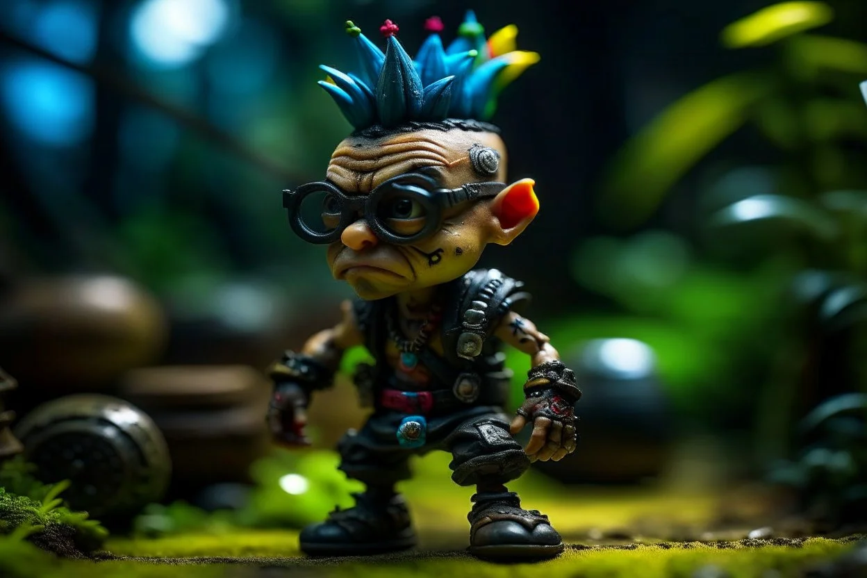 caricature, evil, dark arts, intricately painted, miniature figure. a miniature figure of an (angry:1.5) cyberpunk (Minion with glasses:1.4) with a rainbow mohawk hairstyle, set in a jungle, (holding a machete:1.6), giant boots, punk, worn, bokeh, Low DOF, 16k, trending on artstation. AlbedoBase XL.