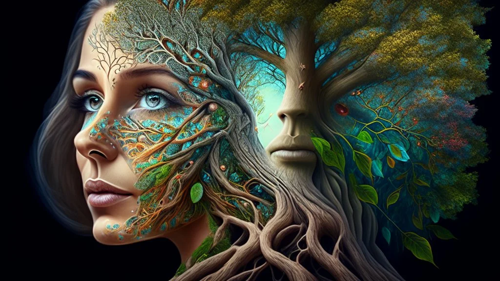 woman and tree mixed into one beautiful creature, intricate details, masterpiece, 3d, 64k, high resolution, high detail, computer graphics, hyperrealism, f/16, 1/300s. digital painting